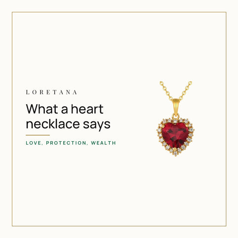What Does a Heart Necklace Mean? Loretana cover with the 14k gold ruby heart necklace.