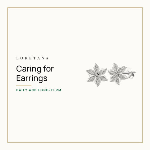 Caring for Earrings — daily and long-term. Loretana cover with the Marquise Flower Studs · 925 Silver.