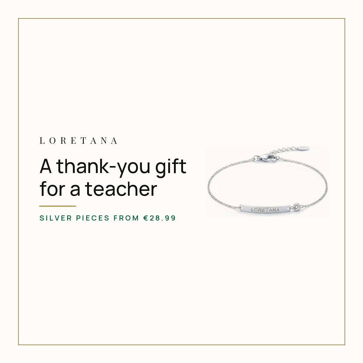 What Gift Should You Give a Teacher? Loretana cover with the 925 silver engraved curved bar bracelet.