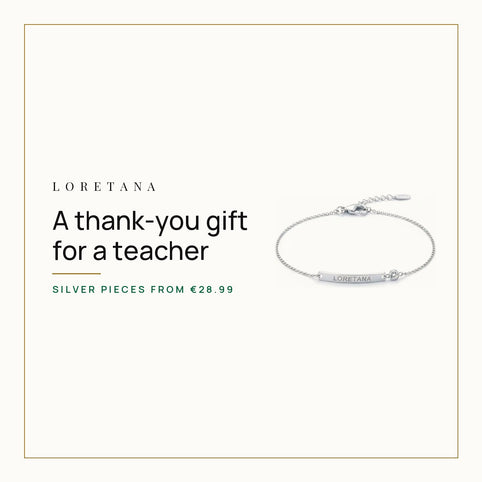 What Gift Should You Give a Teacher? Loretana cover with the 925 silver engraved curved bar bracelet.