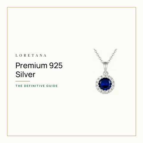 Premium 925 Silver — the definitive guide. Loretana cover with the Sapphire-Blue CZ Halo Necklace · 925 Silver.