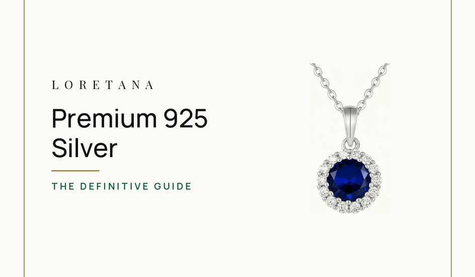 Premium 925 Silver — the definitive guide. Loretana cover with the Sapphire-Blue CZ Halo Necklace · 925 Silver.