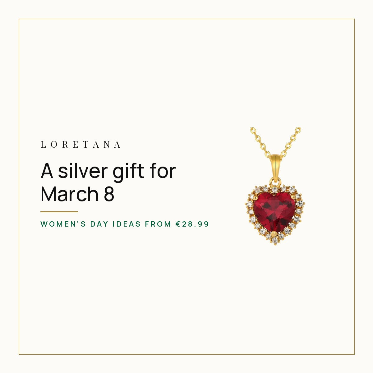 What Silver Gift Should You Give for March 8, Women's Day? Loretana cover with the 14k gold ruby heart necklace.