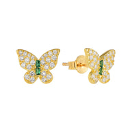 14K Gold Butterfly Pave Studs in 925 sterling silver displayed on a white background showing the detailed emerald-green pave wings.