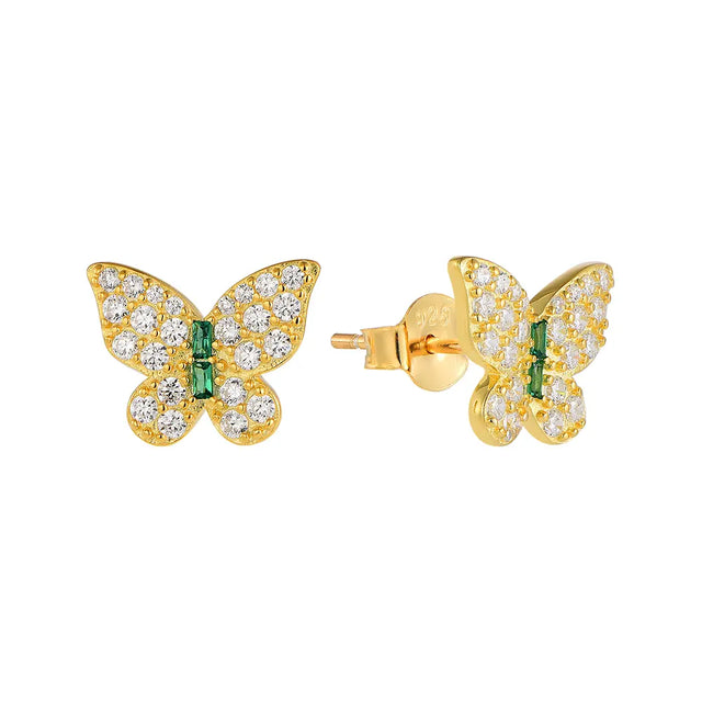 14K gold-plated butterfly stud earrings in 925 sterling silver with AAAAA emerald-green pavé zirconia, front view on white background. Hallmarked Loretana piece, hand-finished in Kaunas.