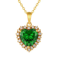 14K Gold Emerald Heart Necklace in 925 sterling silver displayed on a white background to highlight the vibrant green heart pendant.