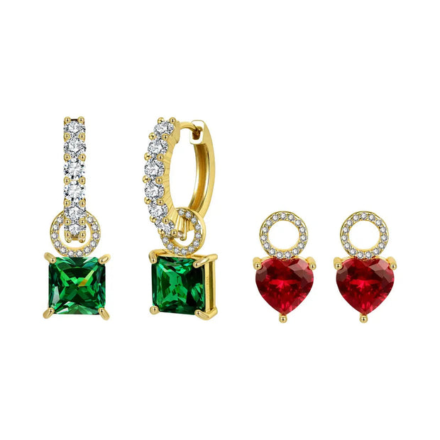 Interchangeable 14K gold-plated halo hoops with their two drop sets, green square and red heart AAAAA cubic zirconia, on white.