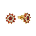 Red CZ Flower Studs in 14K gold-plated 925 silver, each petal set with red AAAAA cubic zirconia, on white.
