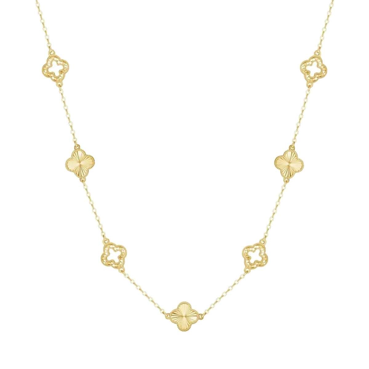 Clover Pendant Necklace in 14K gold-plated 925 silver with alternating open and sunburst clover stations, on white
