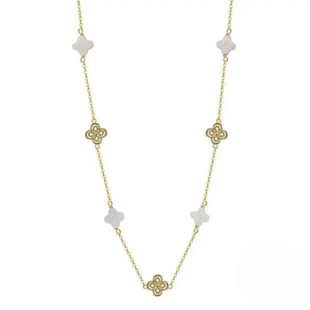 14K gold clover pearl necklace featuring luminous shell pearls in 925 silver