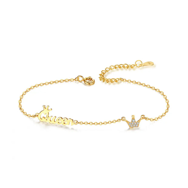14K gold crown initial bracelet in 925 silver with high gloss finish