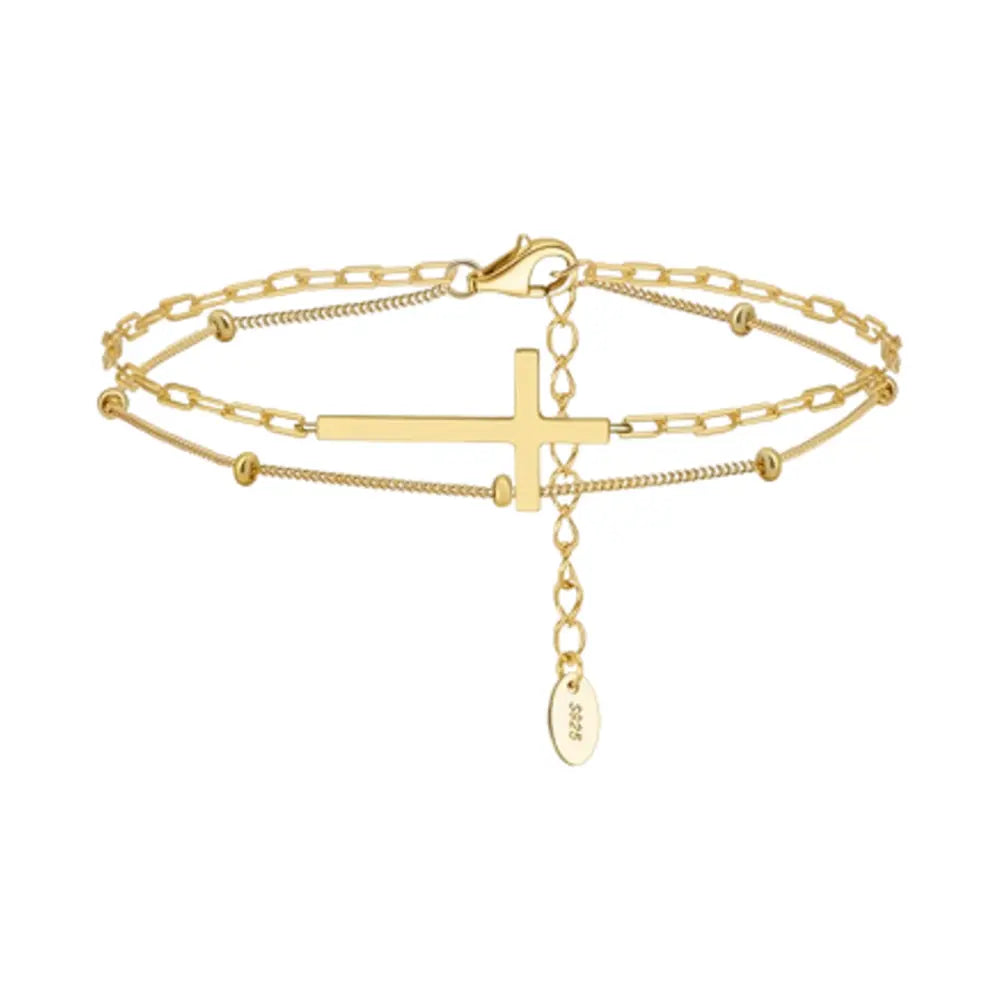 14K gold double layer cross bracelet in 925 silver