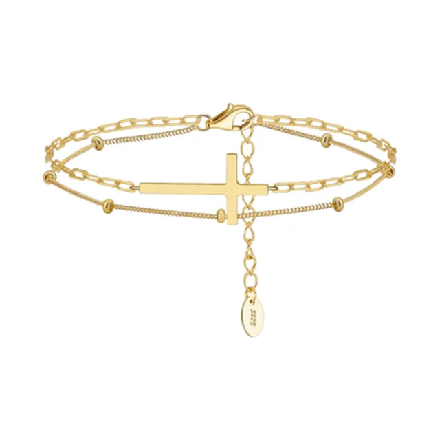 14K gold double layer cross bracelet in 925 silver