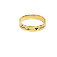 Close-up of a woman's hand wearing the personalized 3mm gold stacking ring