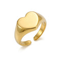 14K gold-plated 925 silver engravable heart signet ring with open adjustable band, on white