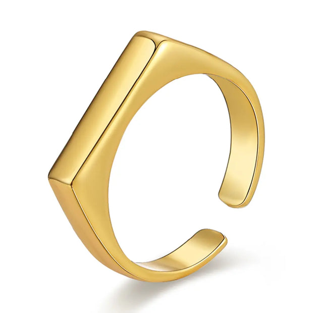 14K gold-plated adjustable rectangle ring featuring a polished engravable face on white.