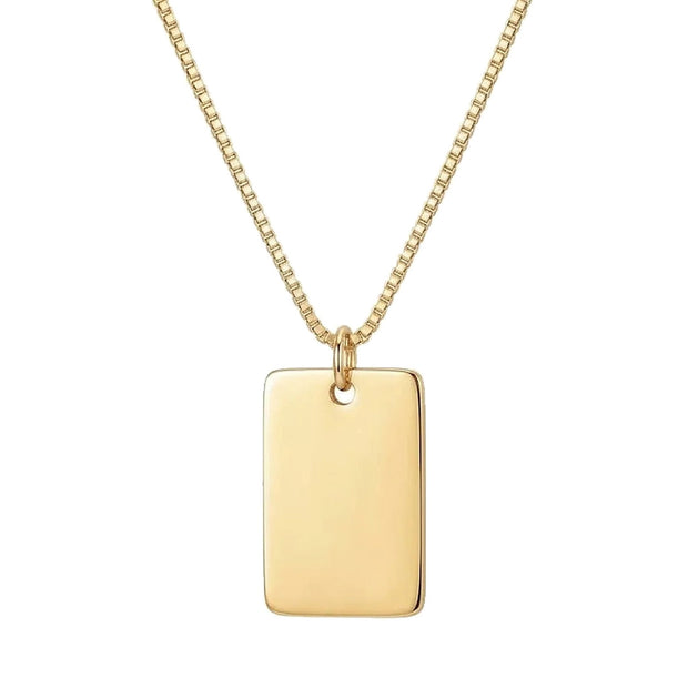 Engraved Square Necklace in 14K gold-plated 925 silver, a polished rectangular tag on a box chain, on white