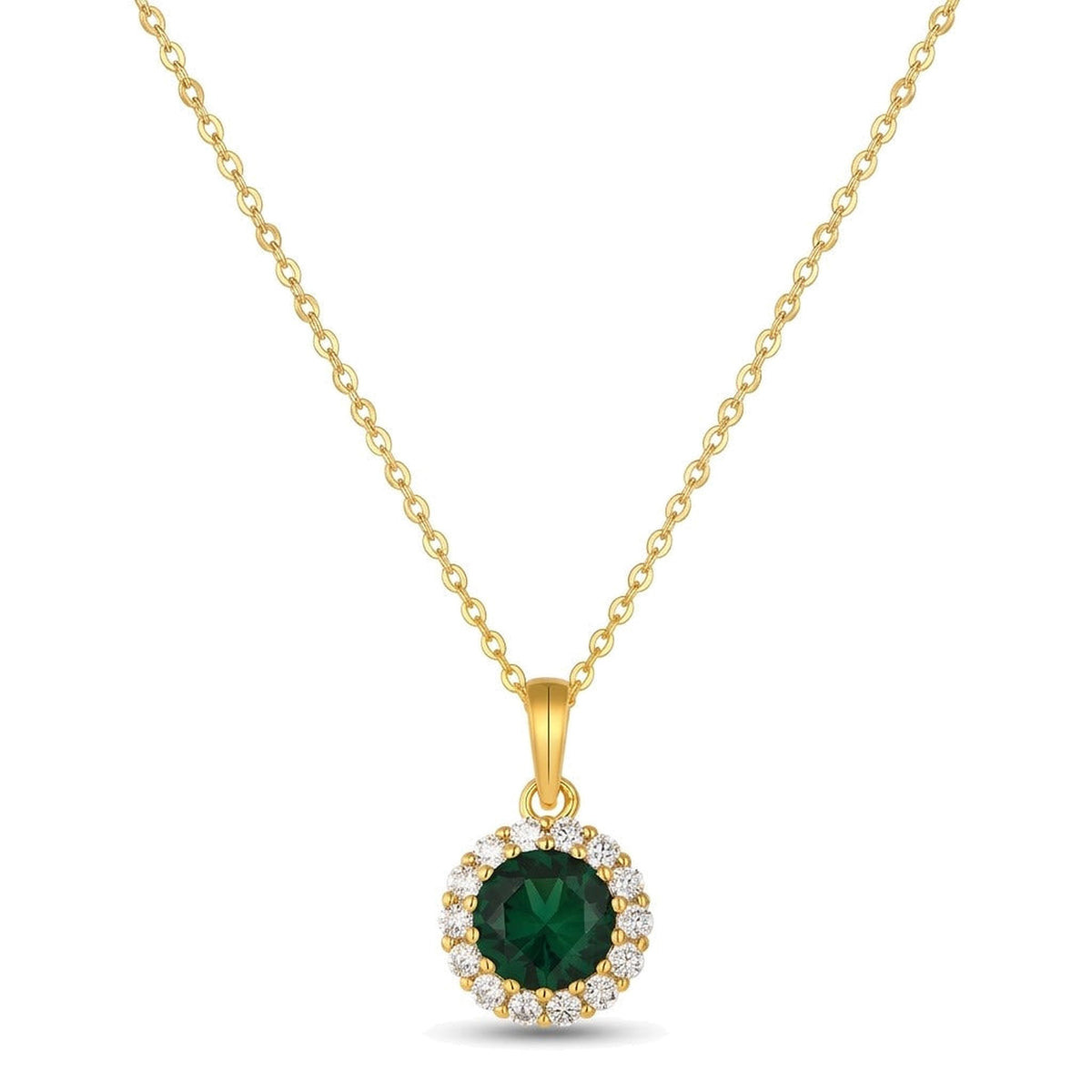 Green CZ Halo Necklace in 14K gold-plated 925 silver: a round green AAAAA cubic zirconia framed by white stones, on a fine chain