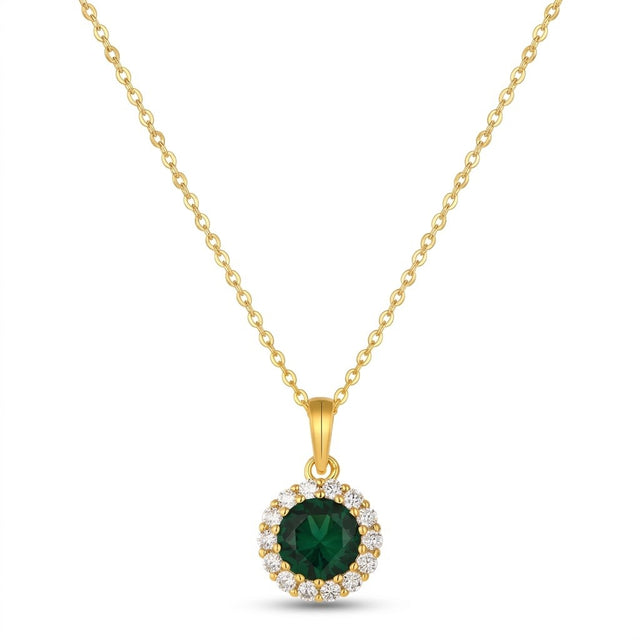 Green CZ Halo Necklace in 14K gold-plated 925 silver: a round green AAAAA cubic zirconia framed by white stones, on a fine chain