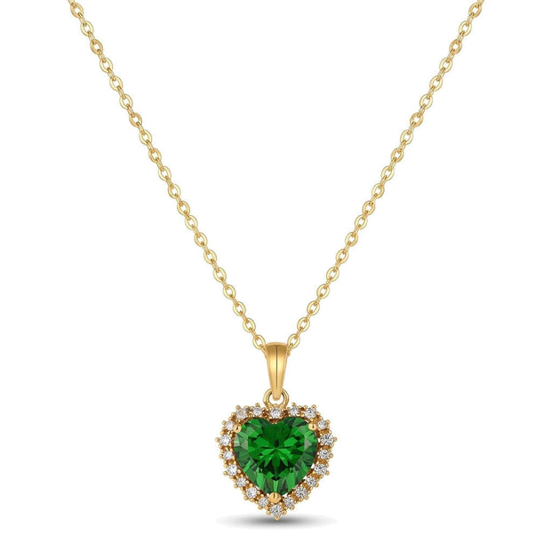 Green CZ Heart Necklace in 14K gold-plated 925 silver: a heart-cut green AAAAA cubic zirconia framed by white stones, on a fine chain