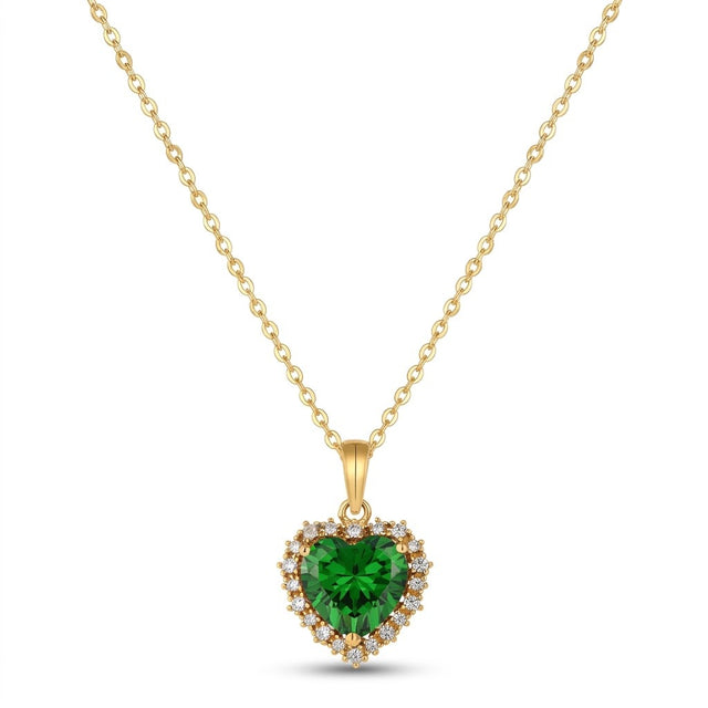 Green CZ Heart Necklace in 14K gold-plated 925 silver: a heart-cut green AAAAA cubic zirconia framed by white stones, on a fine chain