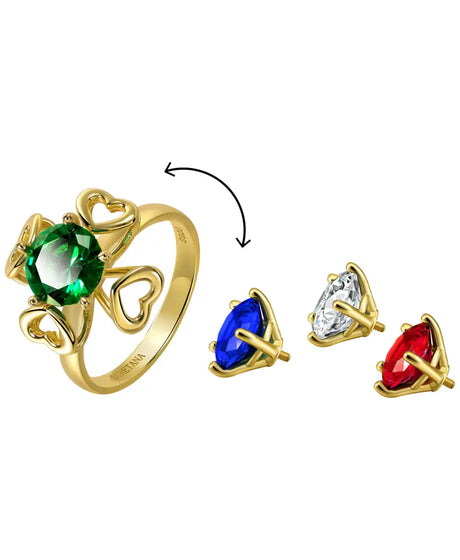Close-up of the 14K gold heart ring highlighting the detachable AAAAA zirconia elements.