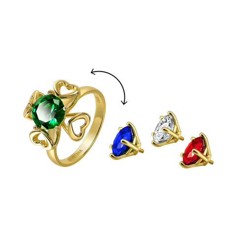 Close-up of the 14K gold heart ring highlighting the detachable AAAAA zirconia elements.