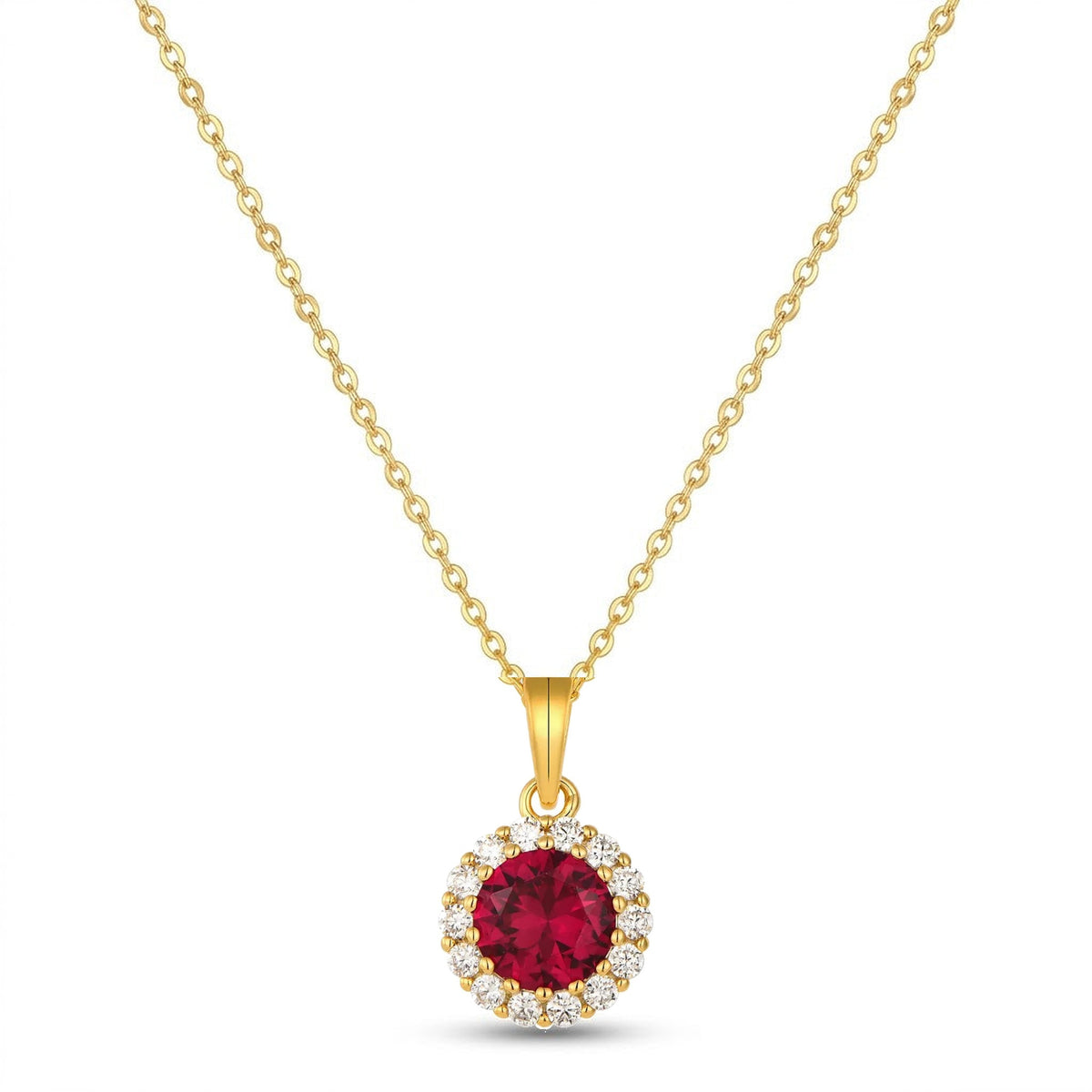 Red CZ Halo Necklace in 14K gold-plated 925 silver: a round red AAAAA cubic zirconia framed by white stones, on a fine chain