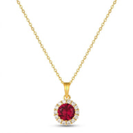 Red CZ Halo Necklace in 14K gold-plated 925 silver: a round red AAAAA cubic zirconia framed by white stones, on a fine chain