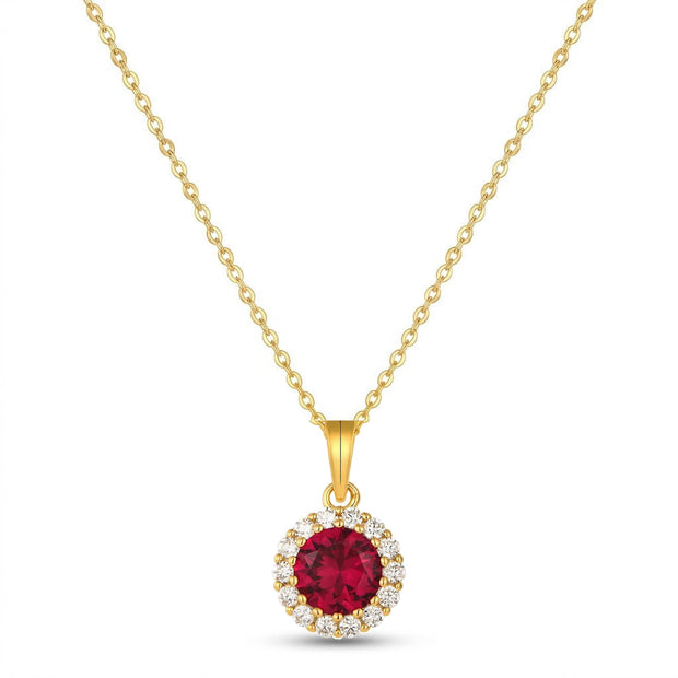 Red CZ Halo Necklace in 14K gold-plated 925 silver: a round red AAAAA cubic zirconia framed by white stones, on a fine chain