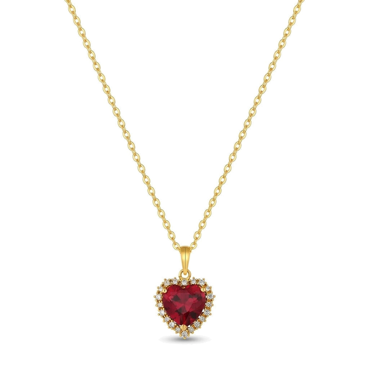 Red CZ Heart Necklace in 14K gold-plated 925 silver: a heart-cut red AAAAA cubic zirconia framed by white stones, on a fine chain