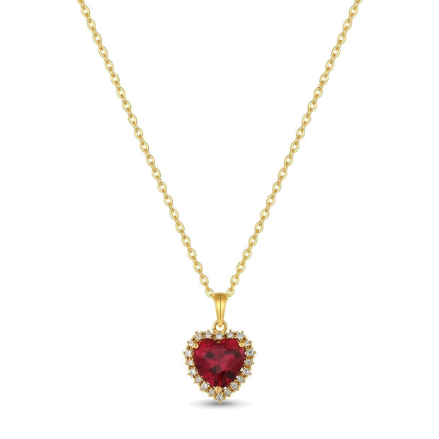 Red CZ Heart Necklace in 14K gold-plated 925 silver: a heart-cut red AAAAA cubic zirconia framed by white stones, on a fine chain