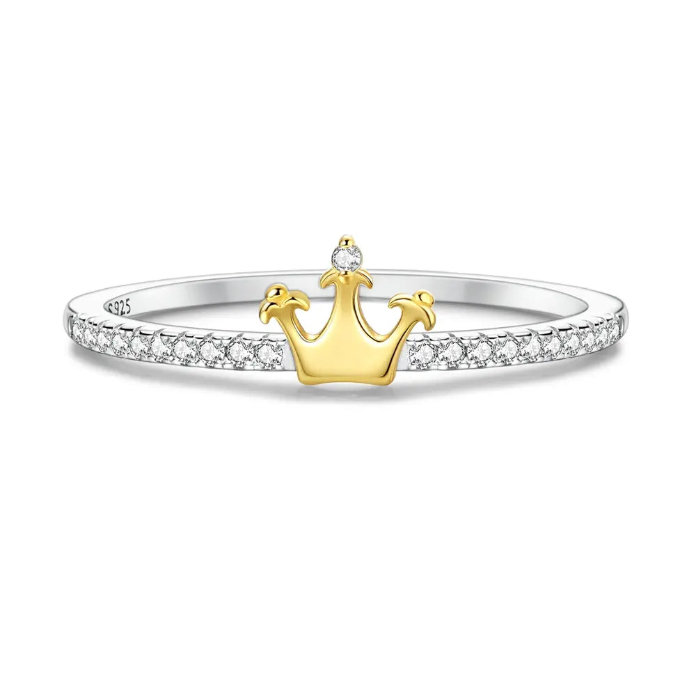14K gold-plated 925 silver shining crown queen ring featuring brilliant AAAAA cubic zirconia on white.