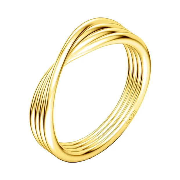 Minimalist 14K gold-plated twisted knot stacking ring on a white background.