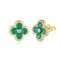 18K gold-plated 925 silver clover stud earrings on white, green enamel petals around an AAAAA cubic zirconia centre.