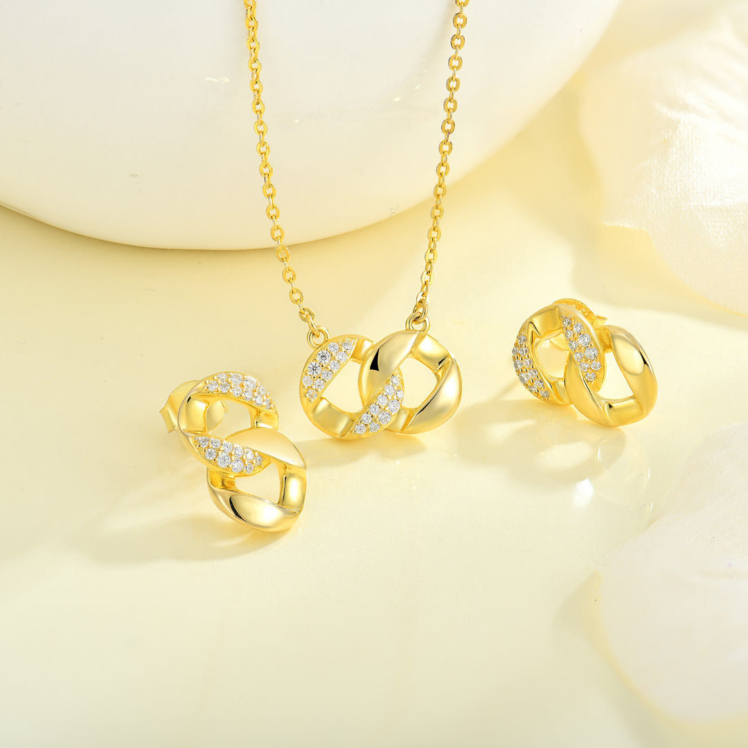 Loretana  925 Sterling Silver Gold Plated Necklace Earring Set Twisted Circle Fine Jewelry Set for Gifts Engagements