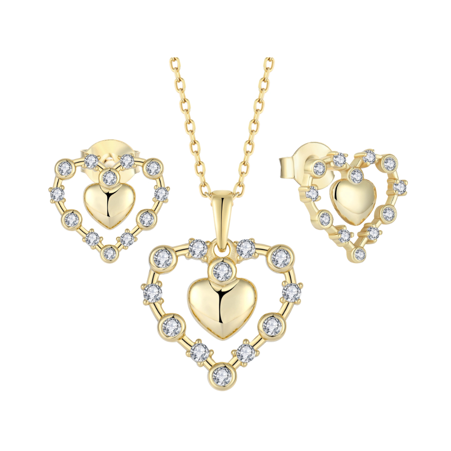 Loretana Romantic 18K Gold Plated Heart Pendant Necklace & Earrings Set 925 Sterling Silver Jewelry Set with Valentine's Day Jewelry Gift