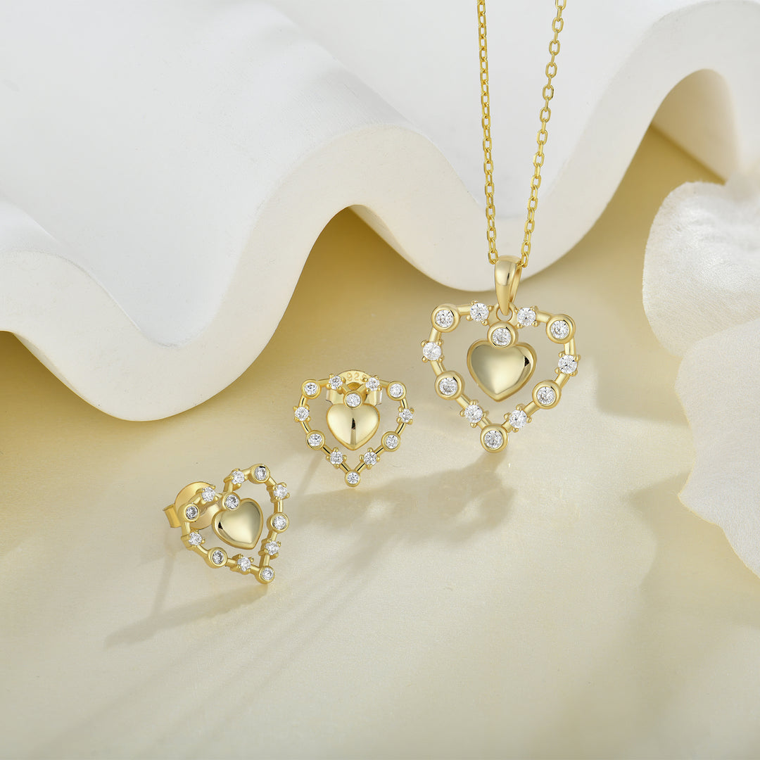 Loretana Romantic 18K Gold Plated Heart Pendant Necklace & Earrings Set 925 Sterling Silver Jewelry Set with Valentine's Day Jewelry Gift