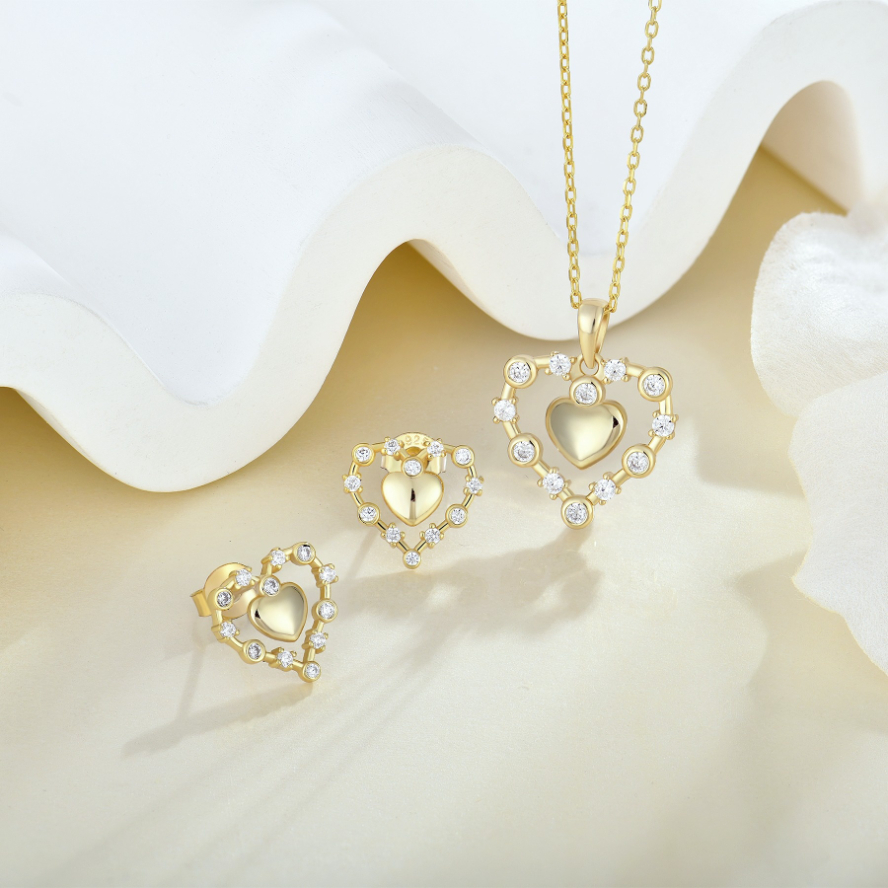 Loretana Romantic 18K Gold Plated Heart Pendant Necklace & Earrings Set 925 Sterling Silver Jewelry Set with Valentine's Day Jewelry Gift