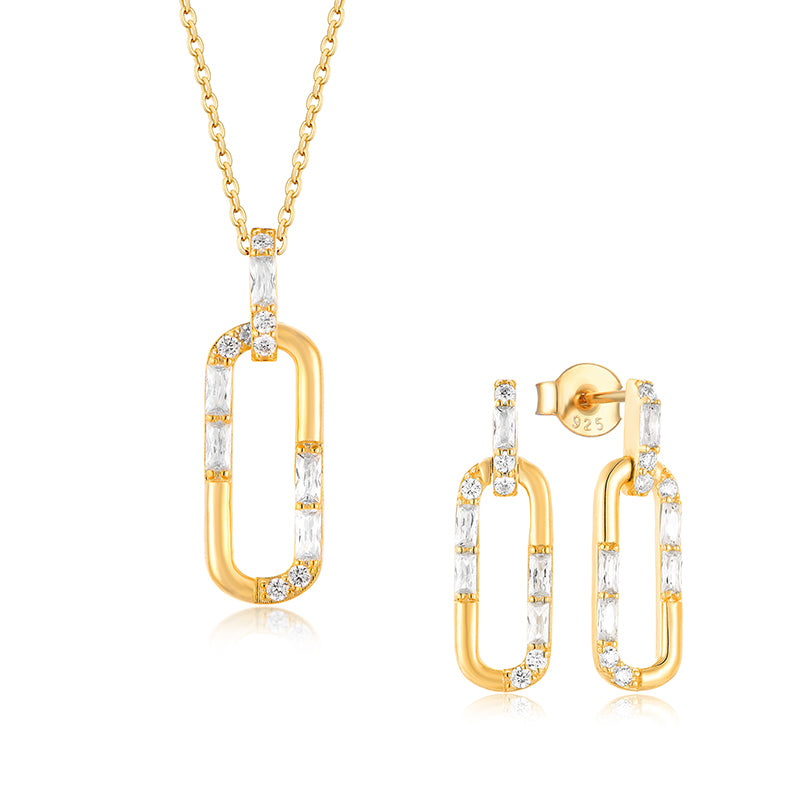 Loretana 925 Sterling Silver Jewelry Set Fine Gold Plated Zirconia Engagement Wedding Bridal Link Chain Earring and Necklace Set