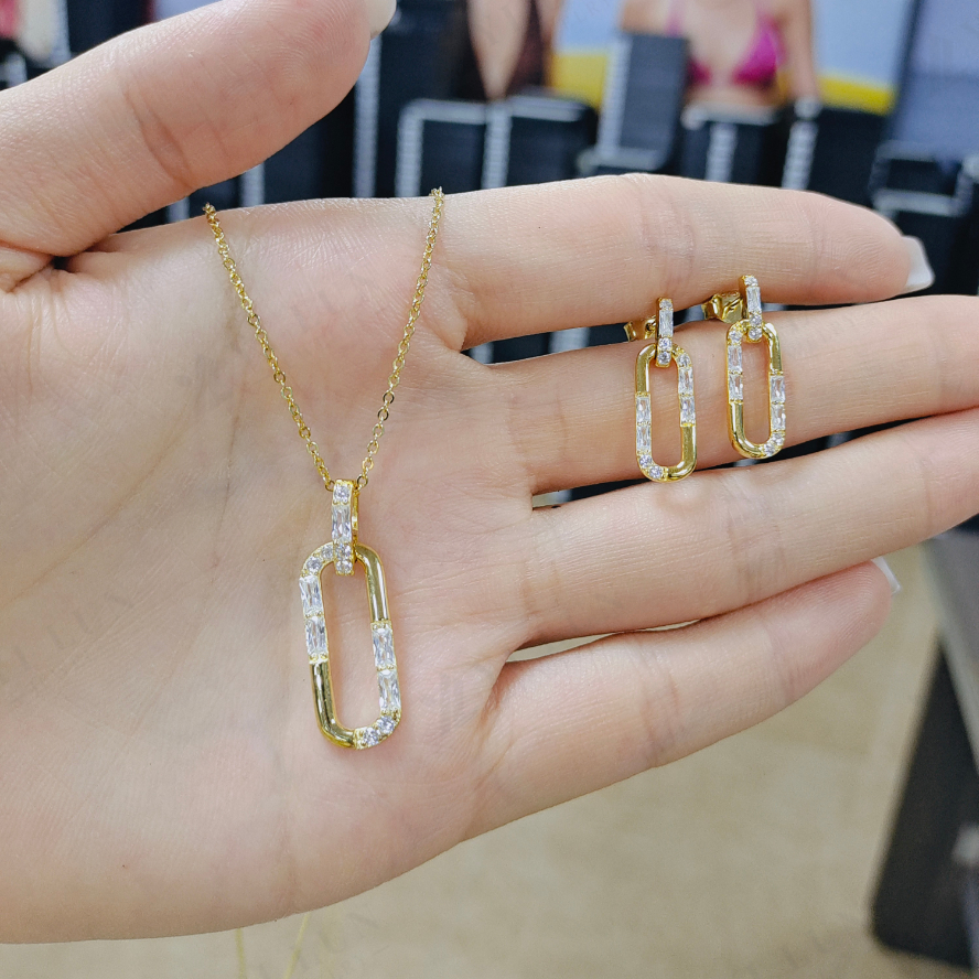 Loretana 925 Sterling Silver Jewelry Set Fine Gold Plated Zirconia Engagement Wedding Bridal Link Chain Earring and Necklace Set