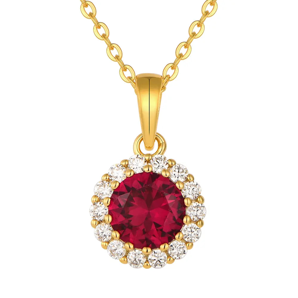 14K Gold Ruby Halo Necklace in 925 sterling silver displayed on a white background showing its vibrant ruby-red central stone and halo design.