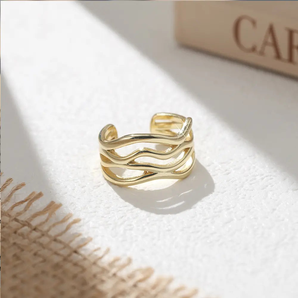 Gold Twisted Wave Adjustable Open Ring 925 Sterling Silver