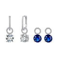 Interchangeable silver hoops with their two drop sets, white and deep blue AAAAA cubic zirconia, on white.