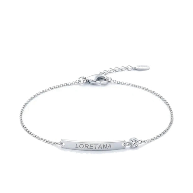 Engraved Curved Bar Bracelet in 925 sterling silver with one AAAAA cubic zirconia, on white