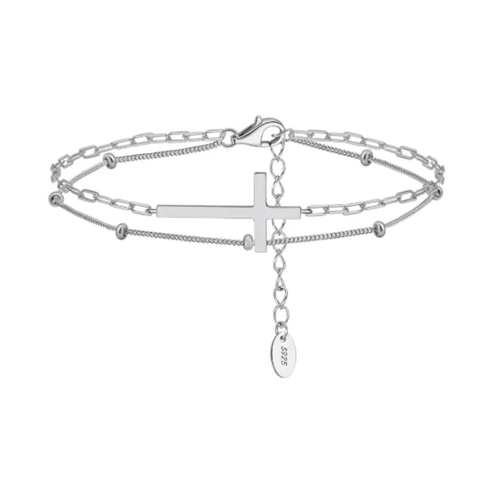 925 silver double layer cross bracelet in rhodium finish