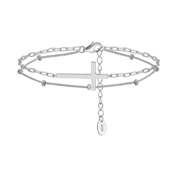 925 silver double layer cross bracelet in rhodium finish