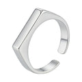 925 silver adjustable rectangle ring featuring a polished engravable face on white.