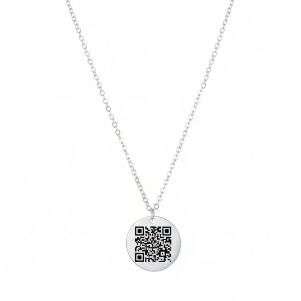 Close-up of the 925 sterling silver round coin pendant with a QR code laser engraved onto the polished surface.