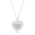 Rhodium-plated 925 sterling silver heart pendant necklace on white, the polished heart engraved with a personal message.